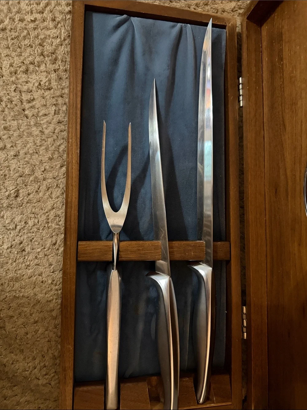 VintageTowle Silver Carving Knife and Fork Set with walnut wood Case